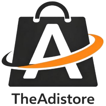 Logo of TheAdiStore with a black shopping bag and orange swoosh on a white background