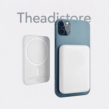 Phone case with magnetic back and white front on a light gray background, featuring 'theadistore' branding.