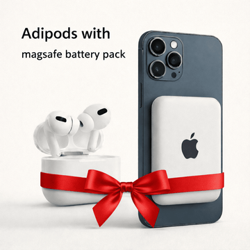 Phone with Magsafe battery pack and Adipods with a red bow on a white background