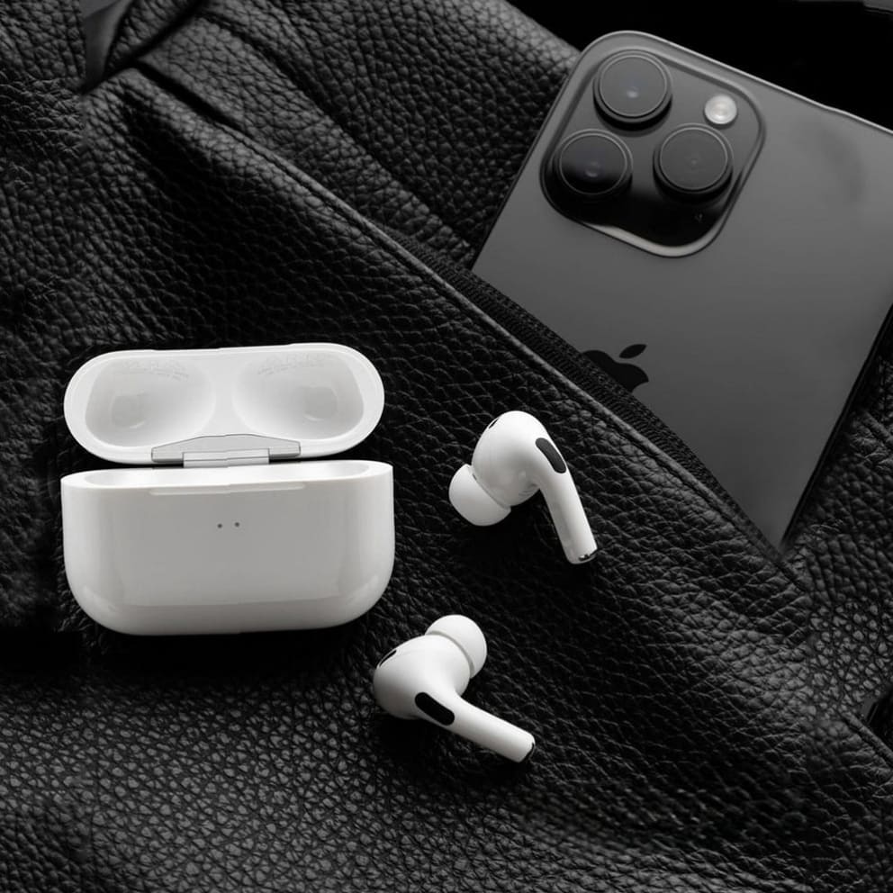 White wireless earbuds with charging case on a black leather surface, next to an Apple smartphone.