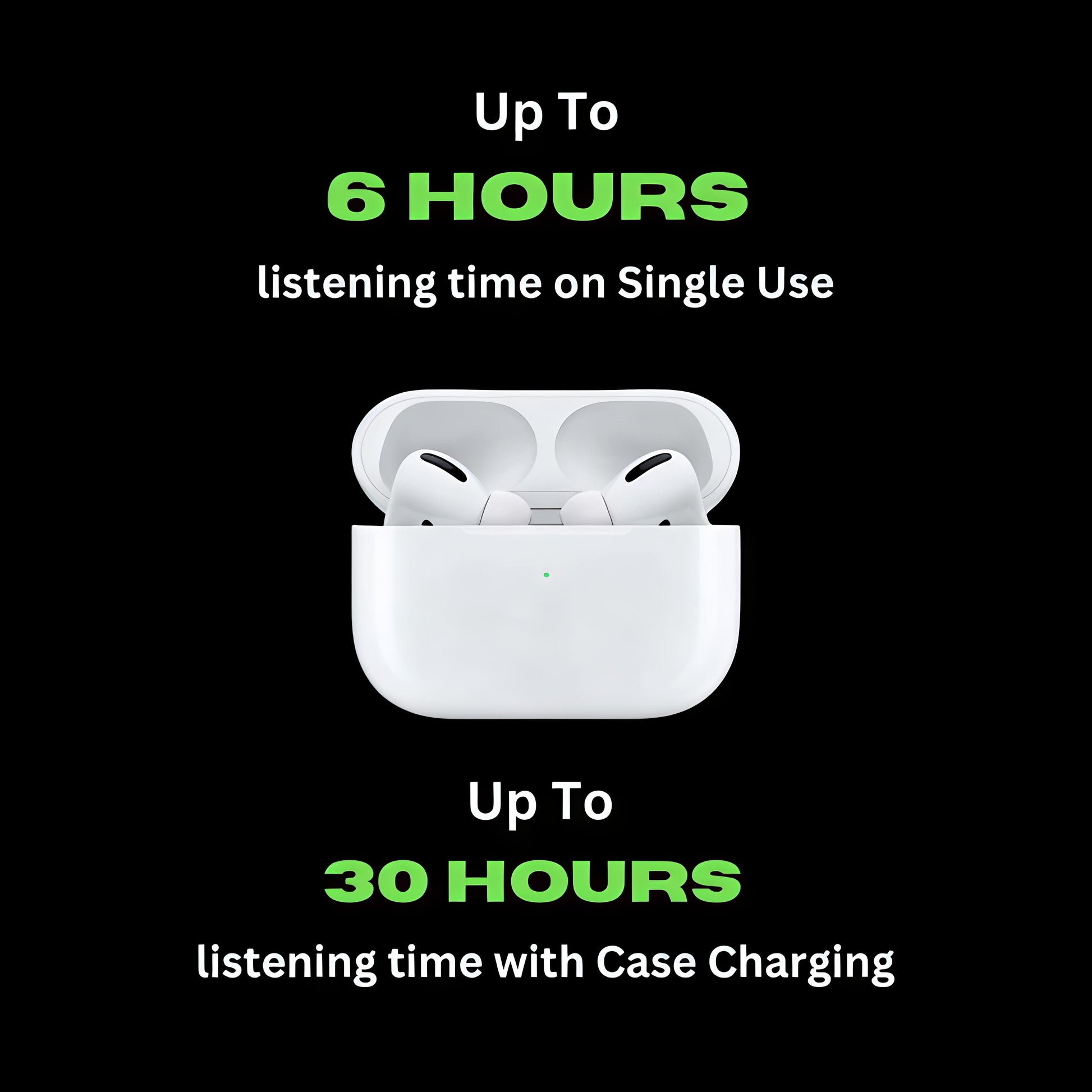 White Adipods Pro 2 wireless earbuds in charging case with text on black background