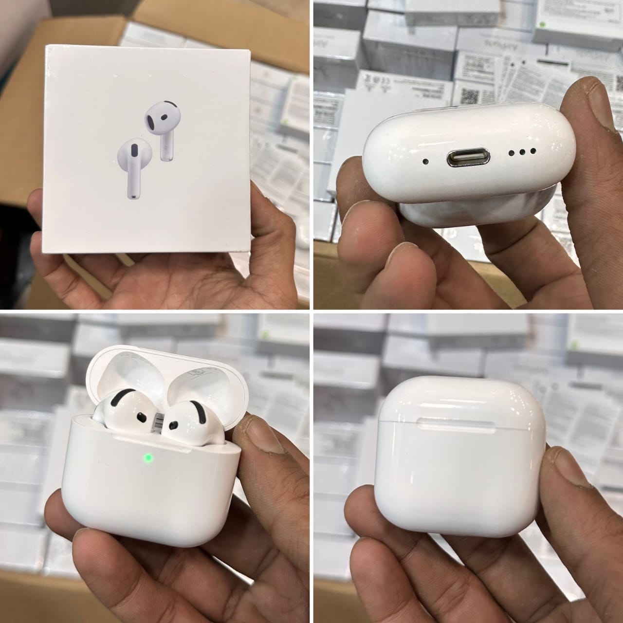 Collage of Adipods Pro 4 in different views held by a hand.