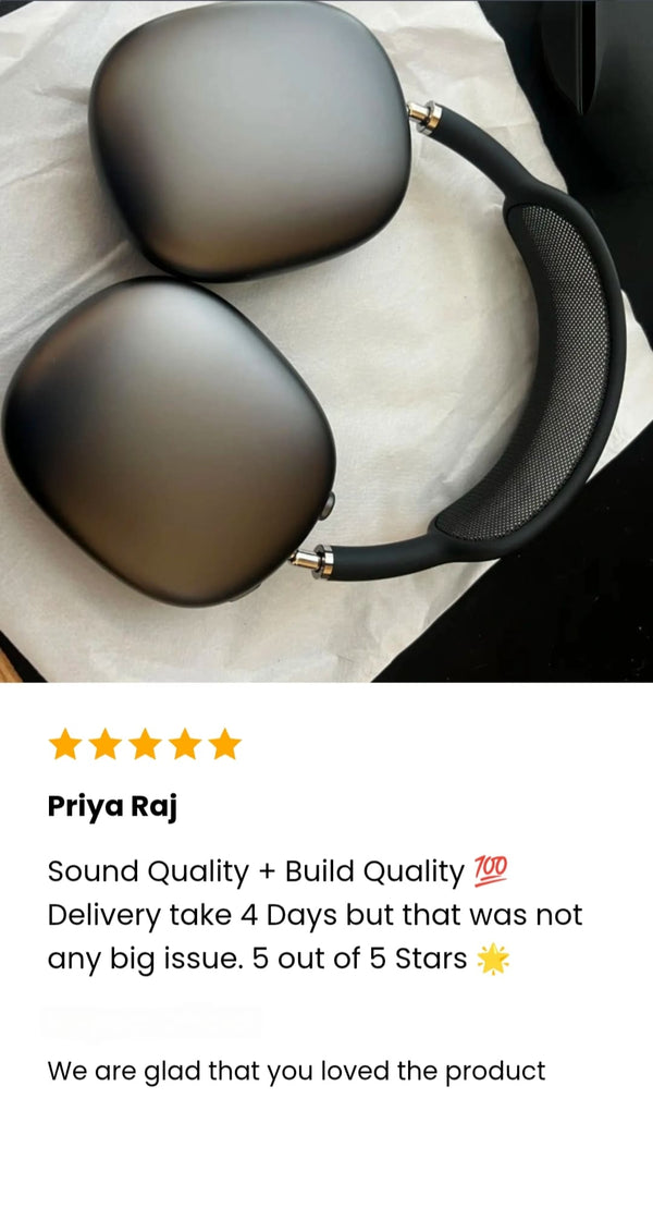 Pair of headphones on a white cushion with a five-star rating and review text.