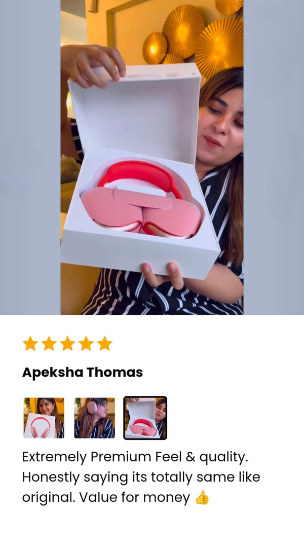 Person holding a The AdiStore Adi Max (ANC) headphones in a box with a five-star rating and review text below.