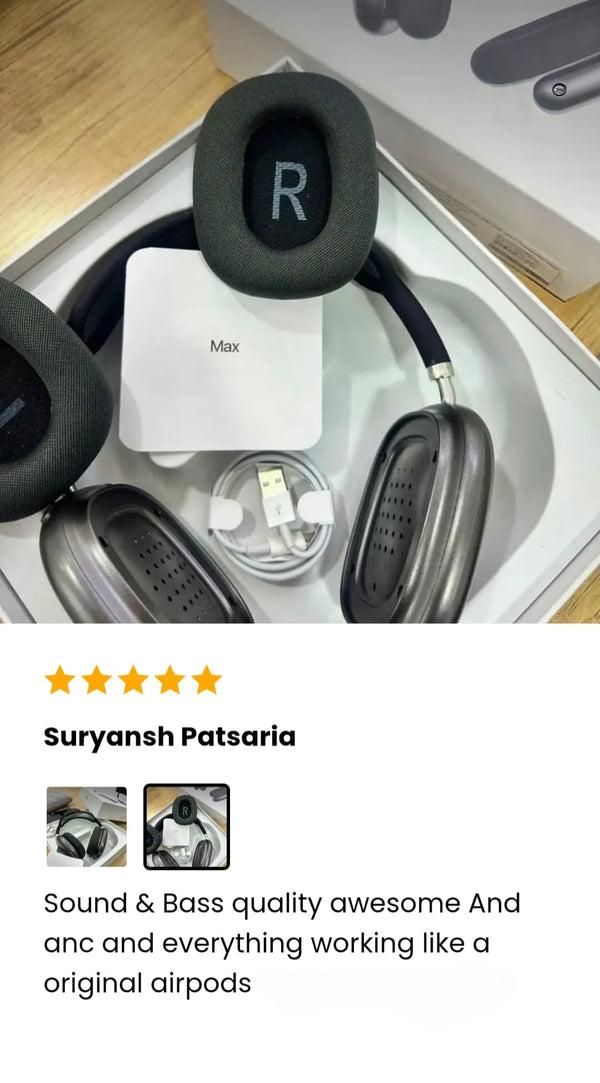 The AdiStore Adi Max (ANC) Headphones in a box with a five-star rating and review text.