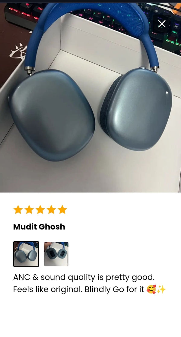 The AdiStore Adi Max (ANC)  Blue headphones on a white surface with a five-star rating and review text.