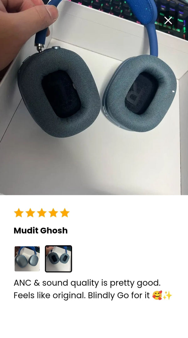 The AdiStore Adi Max (ANC)  Headphones with a five-star rating from Mudit Ghosh on a white background