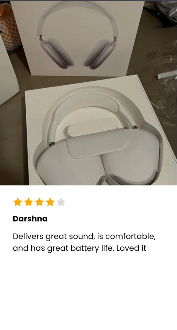 The AdiStore Adi Max (ANC) Headphones in a box with a five-star rating and review text on a white background