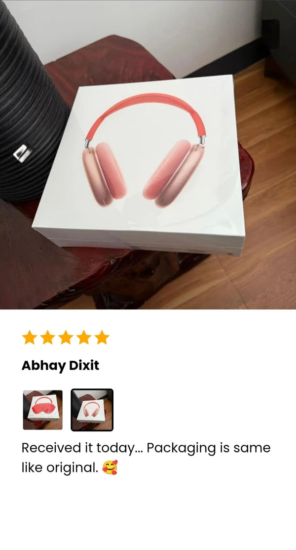 Box of The AdiStore Adi Max (ANC)  headphones with a five-star rating and review text on a wooden surface.