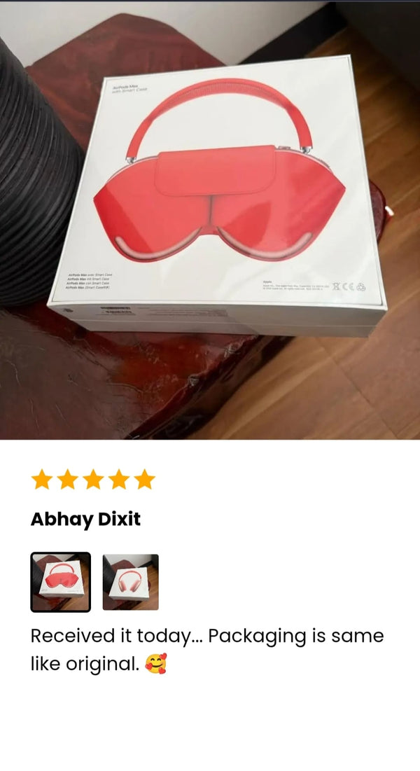 The AdiStore Adi Max (ANC) Red  in a white box on a wooden surface with a five-star rating and user comment.