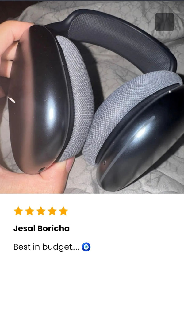 Person holding a pair of The AdiStore Adi Max (ANC) headphones with a five-star rating and review text on a white background.