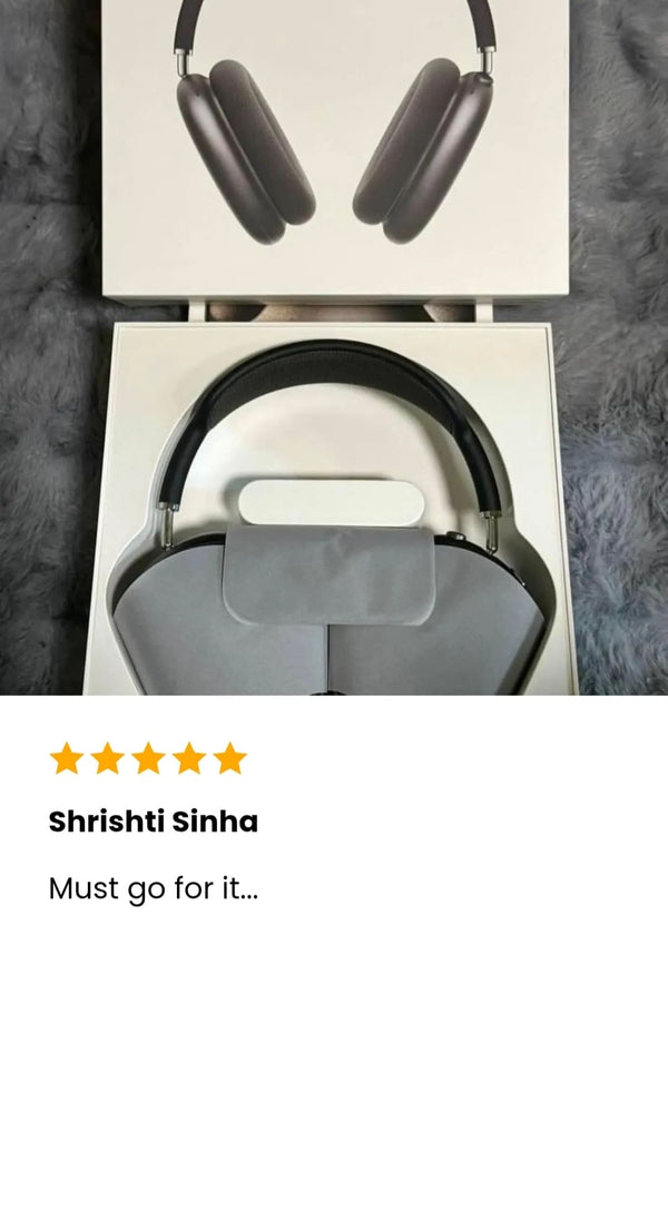 Pair of The AdiStore Adi Max (ANC)  headphones on a stand with a five-star rating and review from Shrishti Sinha.