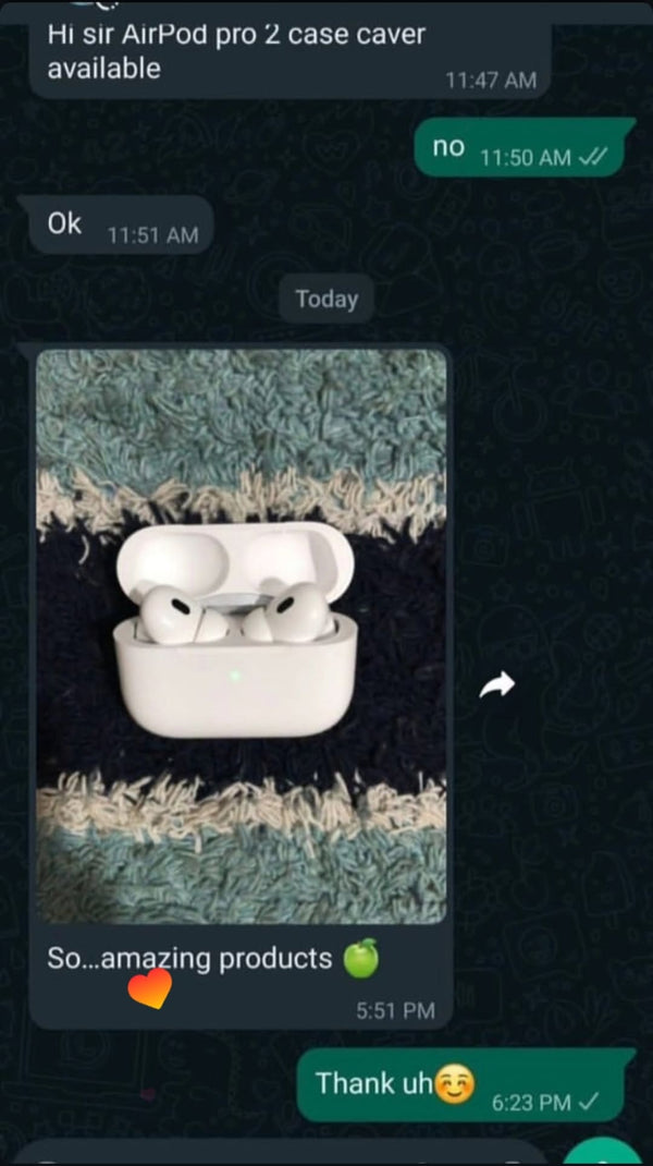 Text conversation with an image of Customer feedback for Adipods Pro 2 on The AdiStore in a case on a textured surface.