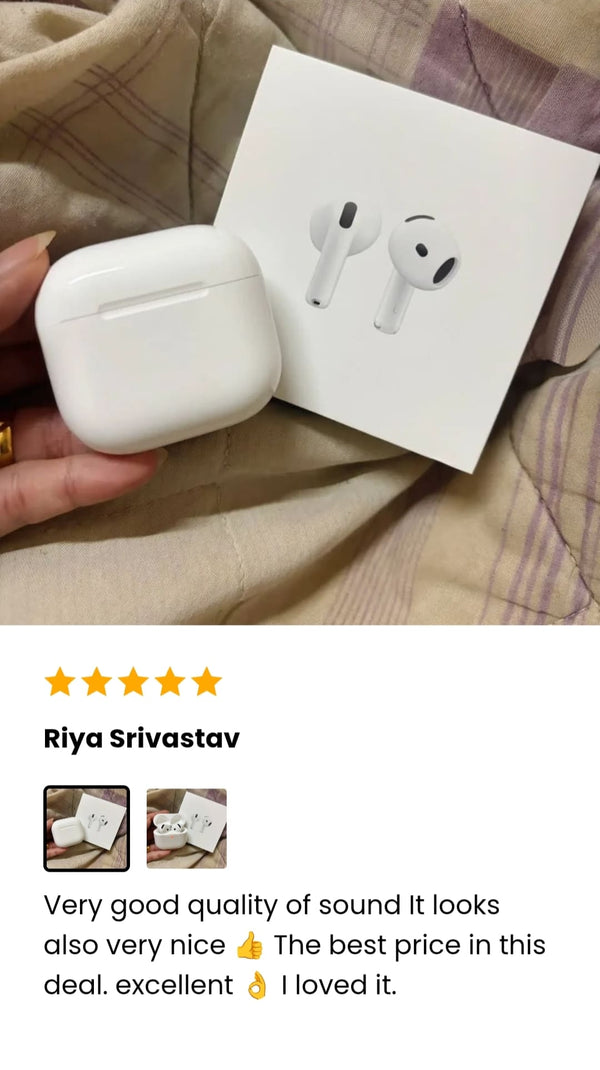 White Adipods Pro 4 wireless earbuds in a case held by a hand with a five-star rating and review text on a checkered fabric background.