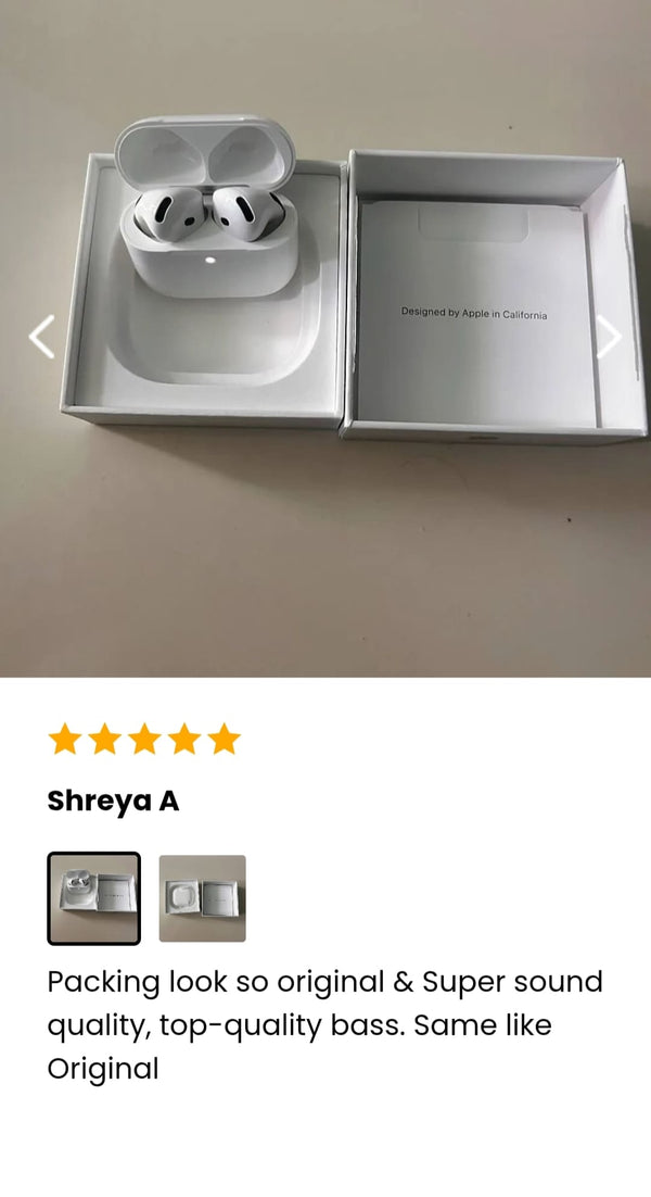 Apple Adipods Pro 4 in a box with a five-star rating from Shreya A.