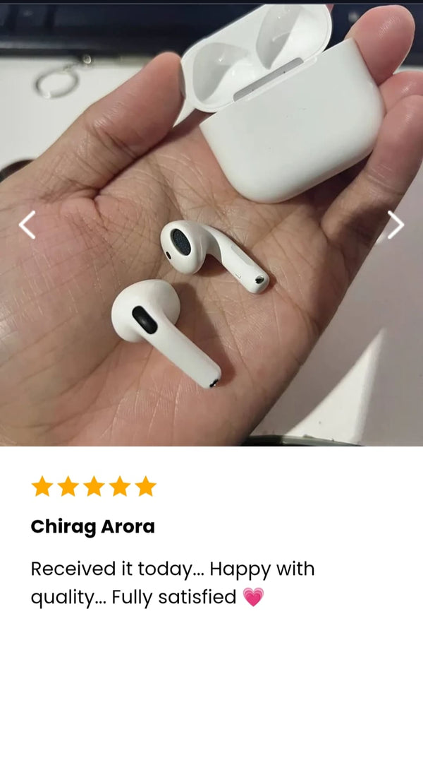 Hand holding a pair of white wireless Adipods Pro 4 earbuds and their charging case with a five-star rating and review on a white background.